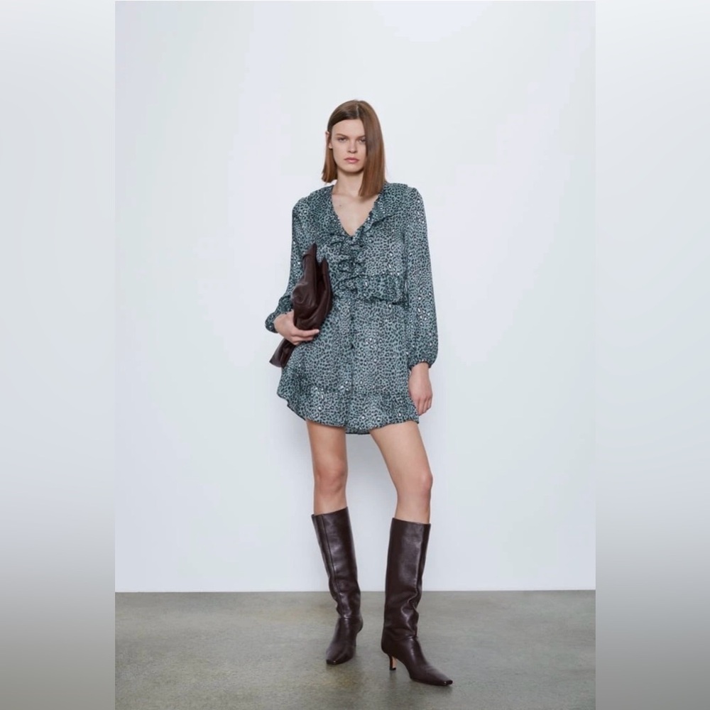 Zara Leopard‎ Print Blue & Black Long Sleeve Button Down Mini Dress w Ruffles XS